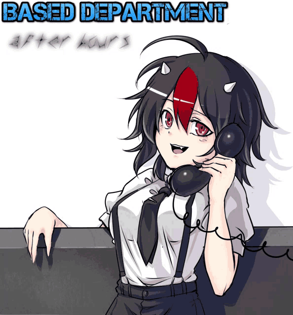 a picture of a girl talking on a phone with the words based department after hours below her