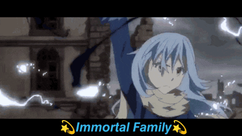 a cartoon of a girl with blue hair and the words immortal family