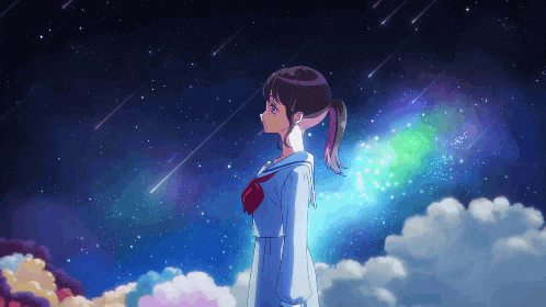 a girl in a school uniform looks up at the stars