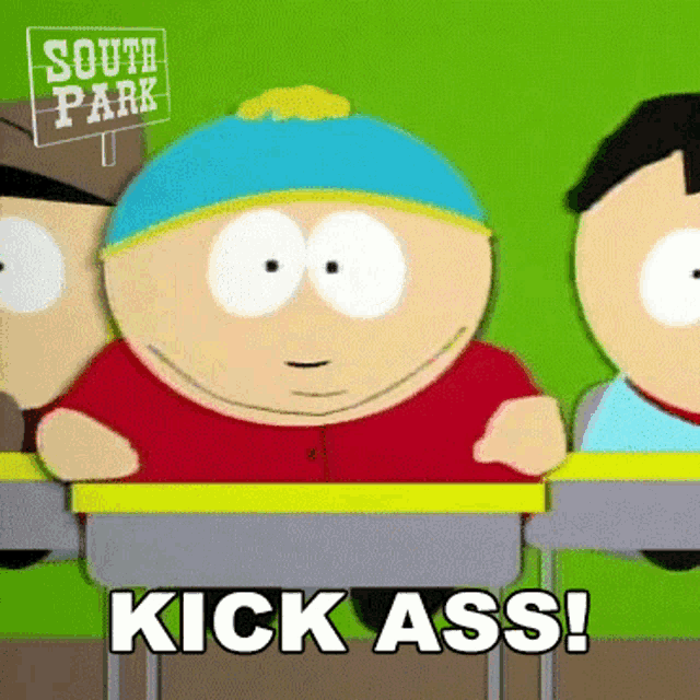 a cartoon character from south park sitting at a desk