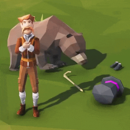 a man with a beard is standing next to a bear and a rock .