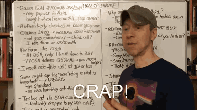 a man stands in front of a white board that says " crap " on it