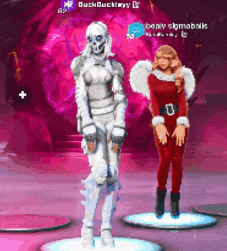 a skeleton is standing next to a woman in a santa costume