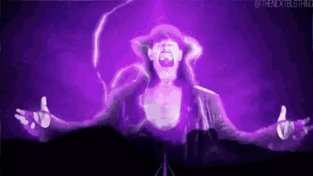 a man in a hat is standing in front of a purple lightning bolt .