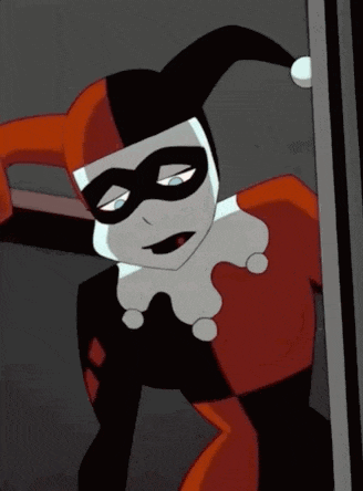 a harley quinn cartoon character is peeking out of a doorway