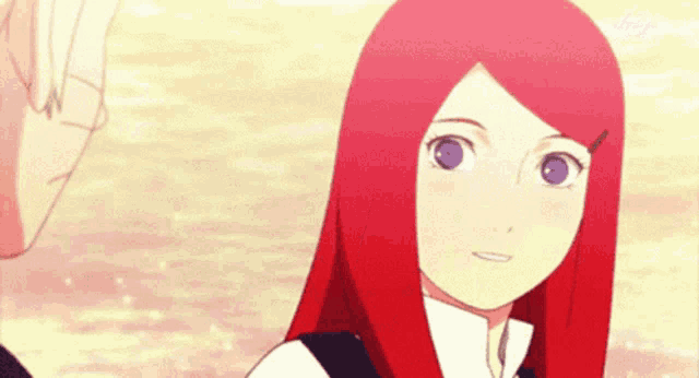 a girl with red hair and purple eyes is smiling