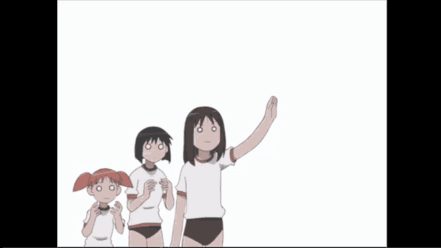a cartoon of three girls standing next to each other with a speech bubble that says team sea slug