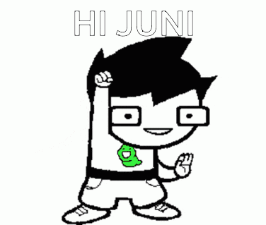 a black and white cartoon character with a green frog on his chest says hi juni .