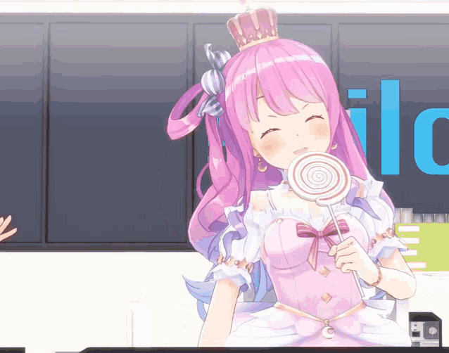 a girl with pink hair is holding a lollipop in front of a wall that says ilc