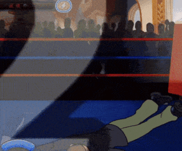 a cartoon of a man laying in a boxing ring with a crowd watching