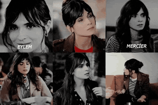 a collage of photos of a woman with the name eylem and mercier