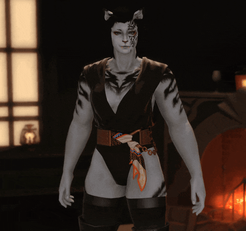 a video game character with a tiger 's face is standing in a dark room