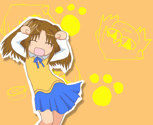 a girl in a yellow vest and blue skirt is screaming