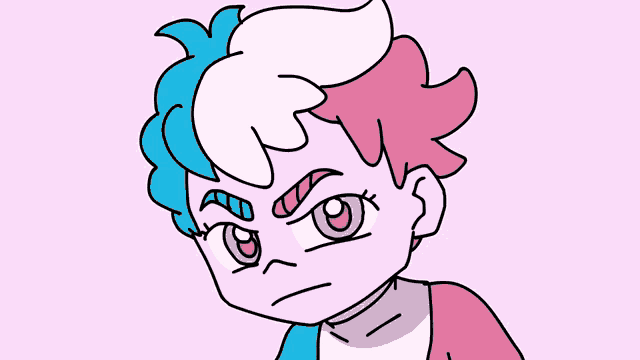 a cartoon drawing of a girl with pink and blue hair making an angry face