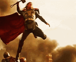 thor is flying through the air holding a hammer in his hand