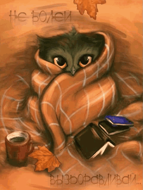 a drawing of an owl wrapped in a blanket