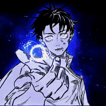 a black and white drawing of a person with a blue light coming out of their hand