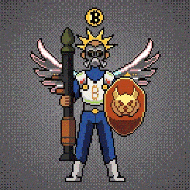 a pixel art drawing of a man with a shield and a rocket with the letter b on it
