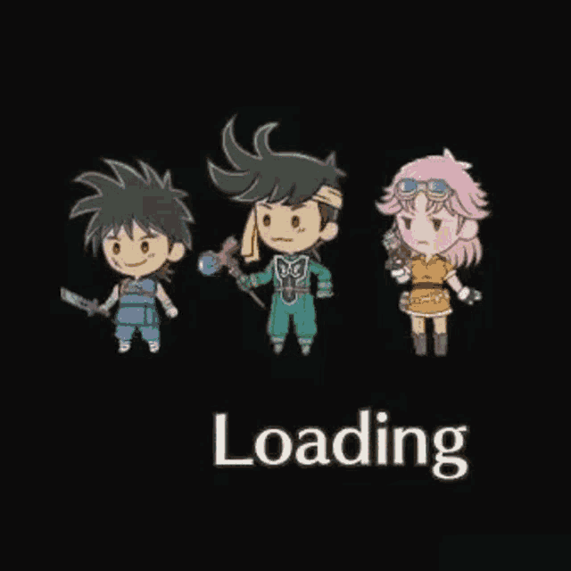 three cartoon characters are standing next to each other on a black background with the words `` loading '' above them .