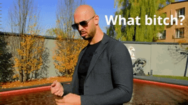 a bald man wearing sunglasses and a suit stands in front of a wall with the words what bitch written above him