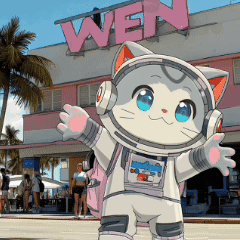 a cartoon cat wearing a space suit is standing in front of a building that says wen