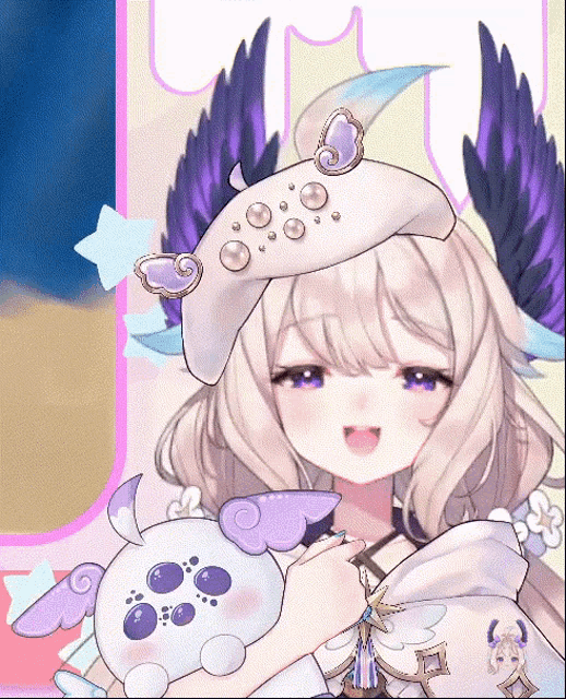 a girl with purple wings is holding a stuffed animal in her arms