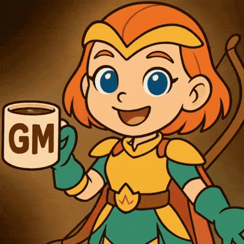 a cartoon character is holding a cup that says gm on it