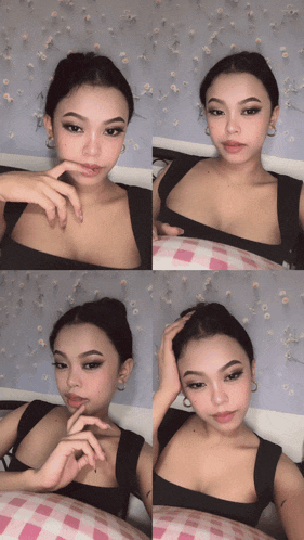 a collage of four pictures of a woman with a black top