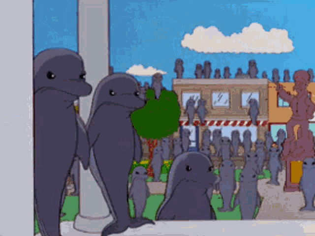 a group of dolphins are standing next to each other