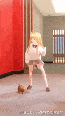 a girl in a school uniform is standing next to a small animal in a room with spotify.com in the corner