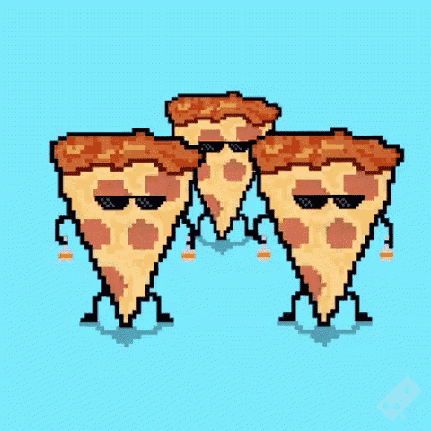 a group of pizza slices wearing sunglasses are dancing in a pixel art style .