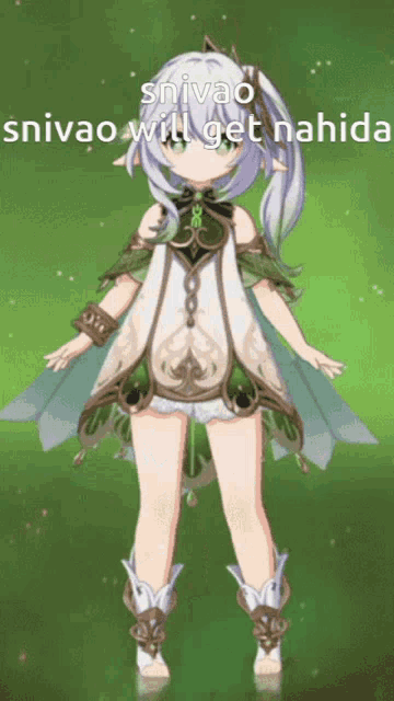 a cartoon character with a green background and the words snivao will get nahida
