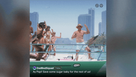 a group of people on a boat with a message from dadbodsquad saying ay papi save some sugar baby for the rest of us