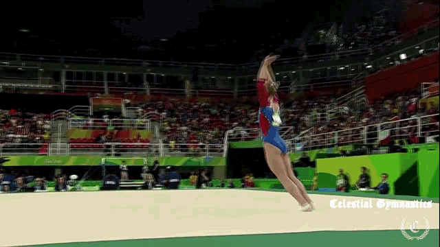 a female gymnast performs a trick in front of a crowd with the words celestial gymnastics on the bottom