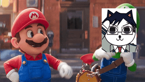 mario and luigi are standing next to each other with a picture of a cat in the background