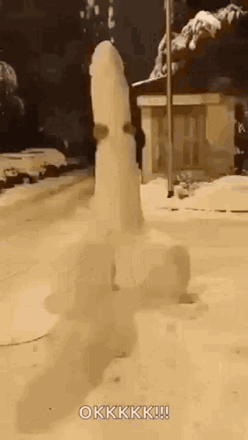 a snowman is standing in the snow on the side of a street .