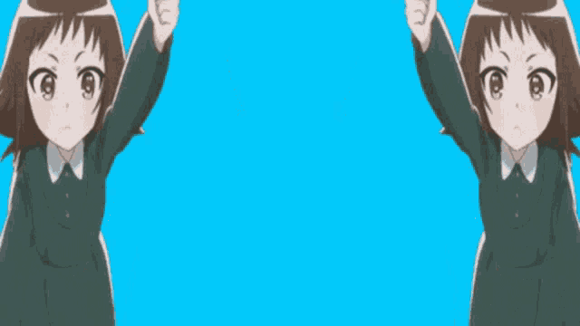 two anime girls are standing next to each other with their arms crossed