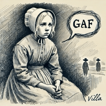 a black and white drawing of a girl with a speech bubble saying gaf