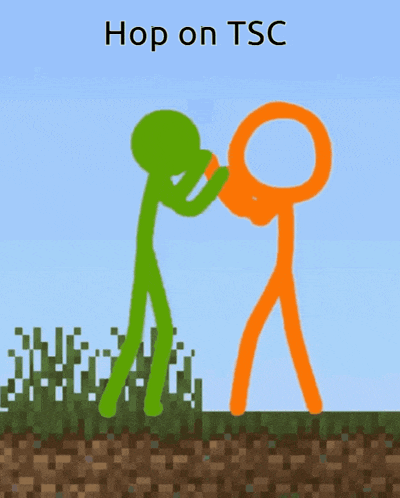 two stick figures are standing next to each other and the words hop on tsc are above them