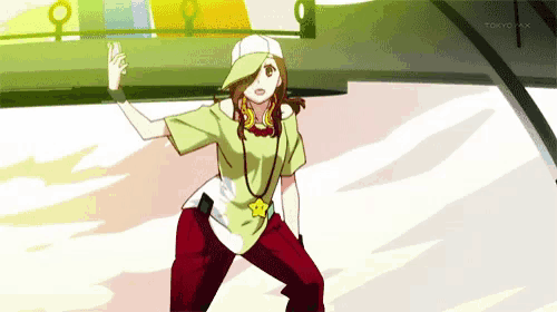 a girl in a green shirt and red pants is dancing in a park .