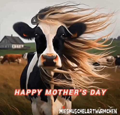 a cow with its hair blowing in the wind and the words happy mother 's day on the bottom