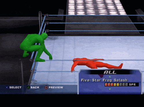 a video game screen shows a green wrestler and a red wrestler in a wrestling ring