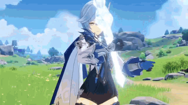 a video game character is standing in a field with a sword in her hand .