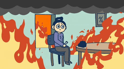 a cartoon of a person sitting in a room with fire coming out of the door