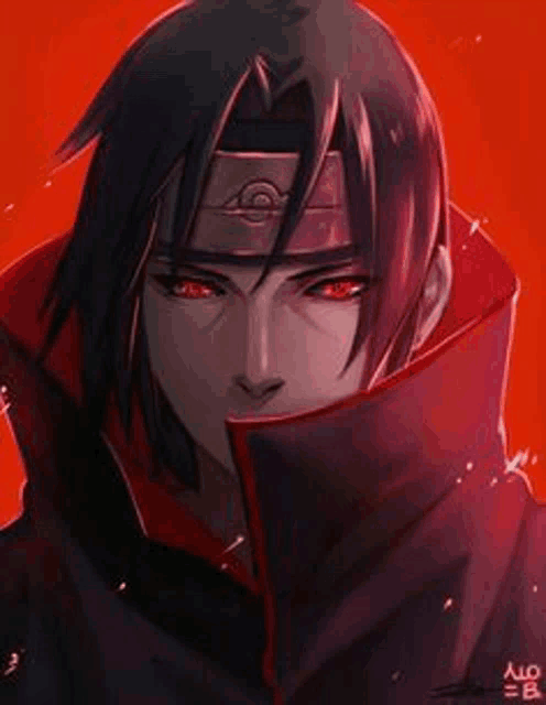 itachi uchiha from naruto is wearing a red headband and a black cape .