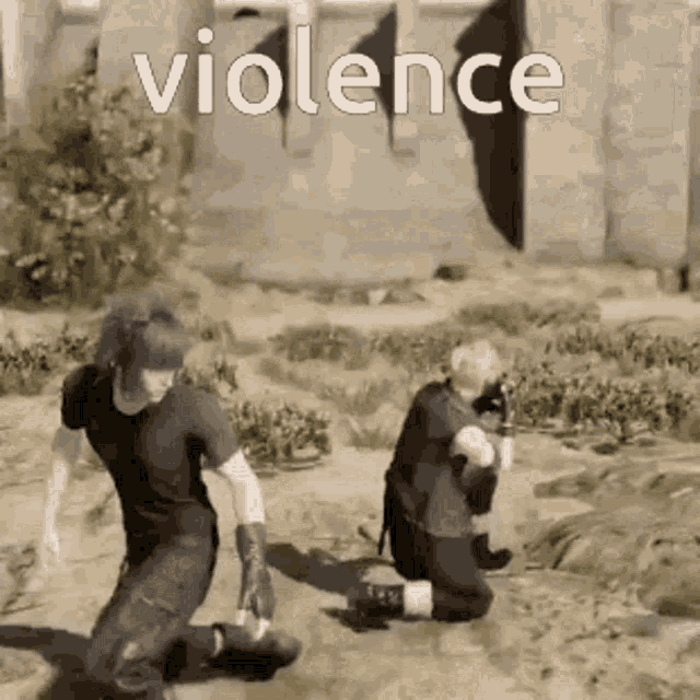 a black and white photo of a man running and a woman kneeling in the dirt with the word violence above them .