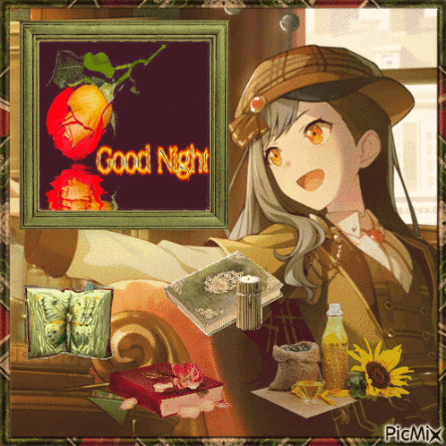 a framed picture of a girl with the words good night written on it