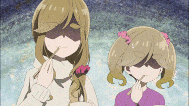 two anime girls are eating with chopsticks and one has the number 6 on her face