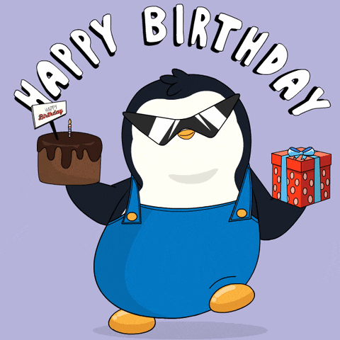 a penguin is holding a cake and a gift with the words happy birthday written above it