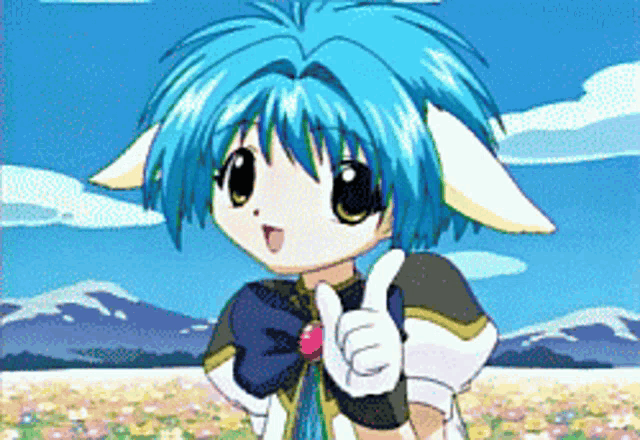 a cartoon character with blue hair and white ears is giving a thumbs up